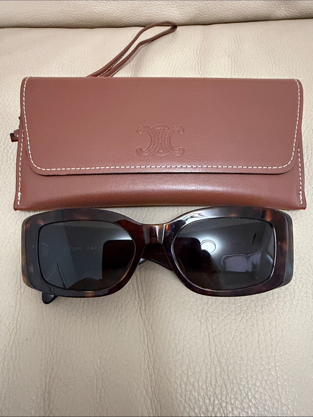 Celine Tortoiseshell Triomphe XL 01 Rectangular Sunglasses with Brown Case